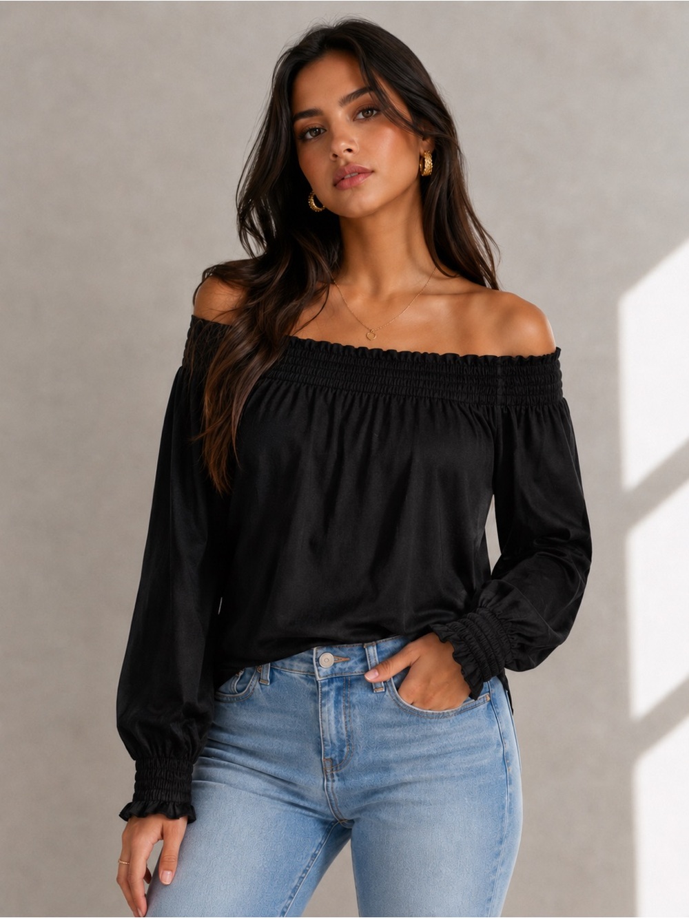 Chic Off-Shoulder Black Puff Sleeve Tie Back Blouse – M/L Y2K Romantic Top